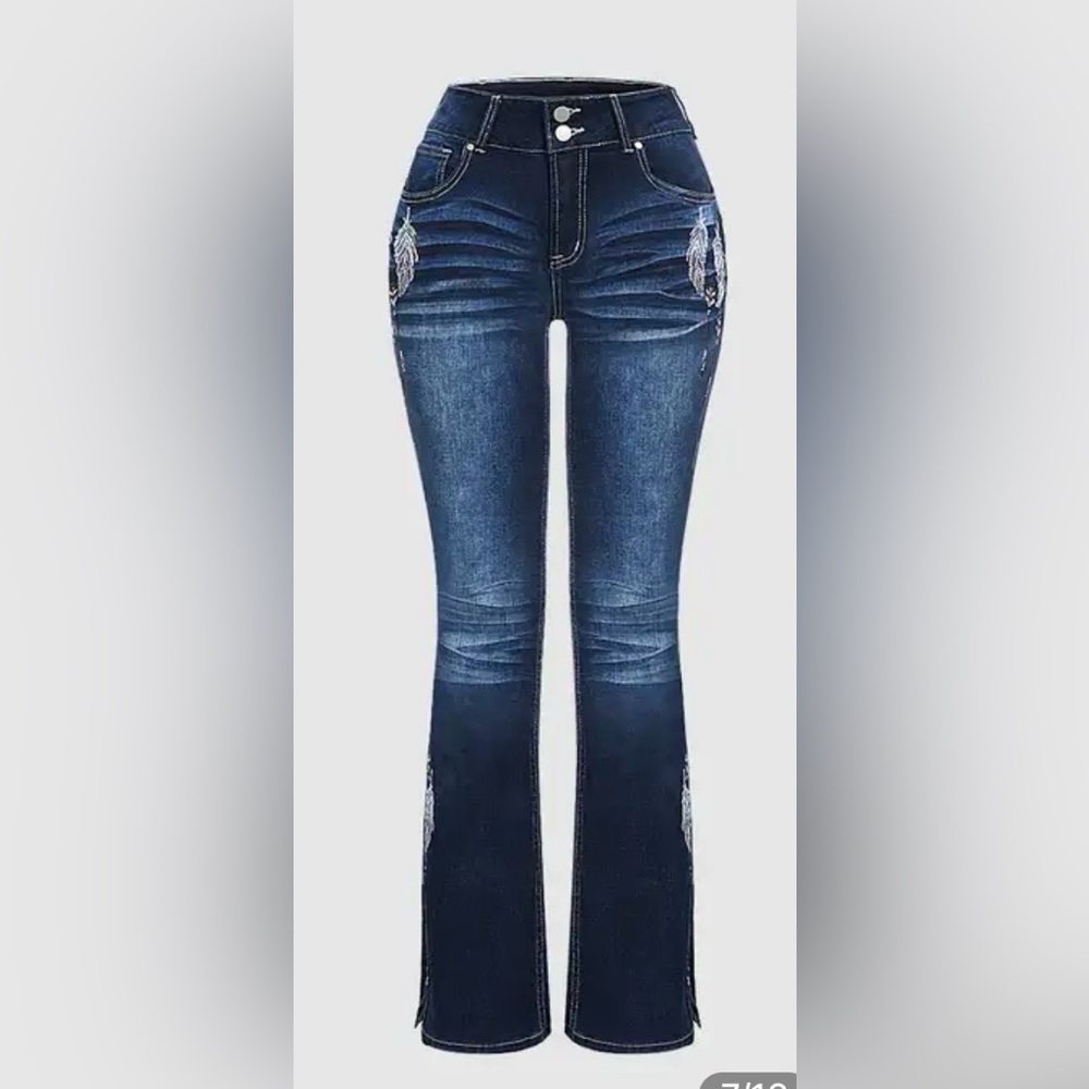 Flamingals Feather Embroidery Split Hem Mid Waist Bootcut Jeans Size Large NWT - Picture 6 of 14